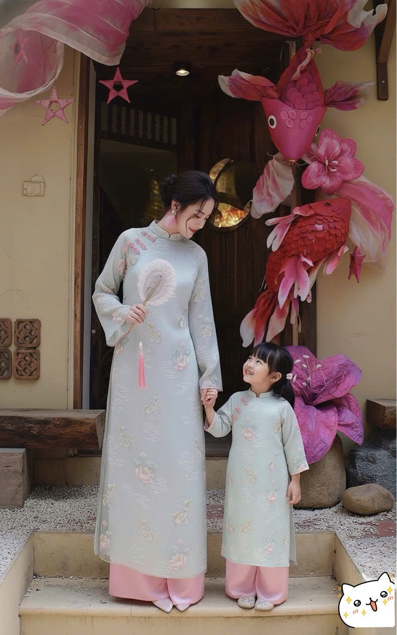BG146 Áo + quần - Áo dài bé gái tơ thêu 4 tà