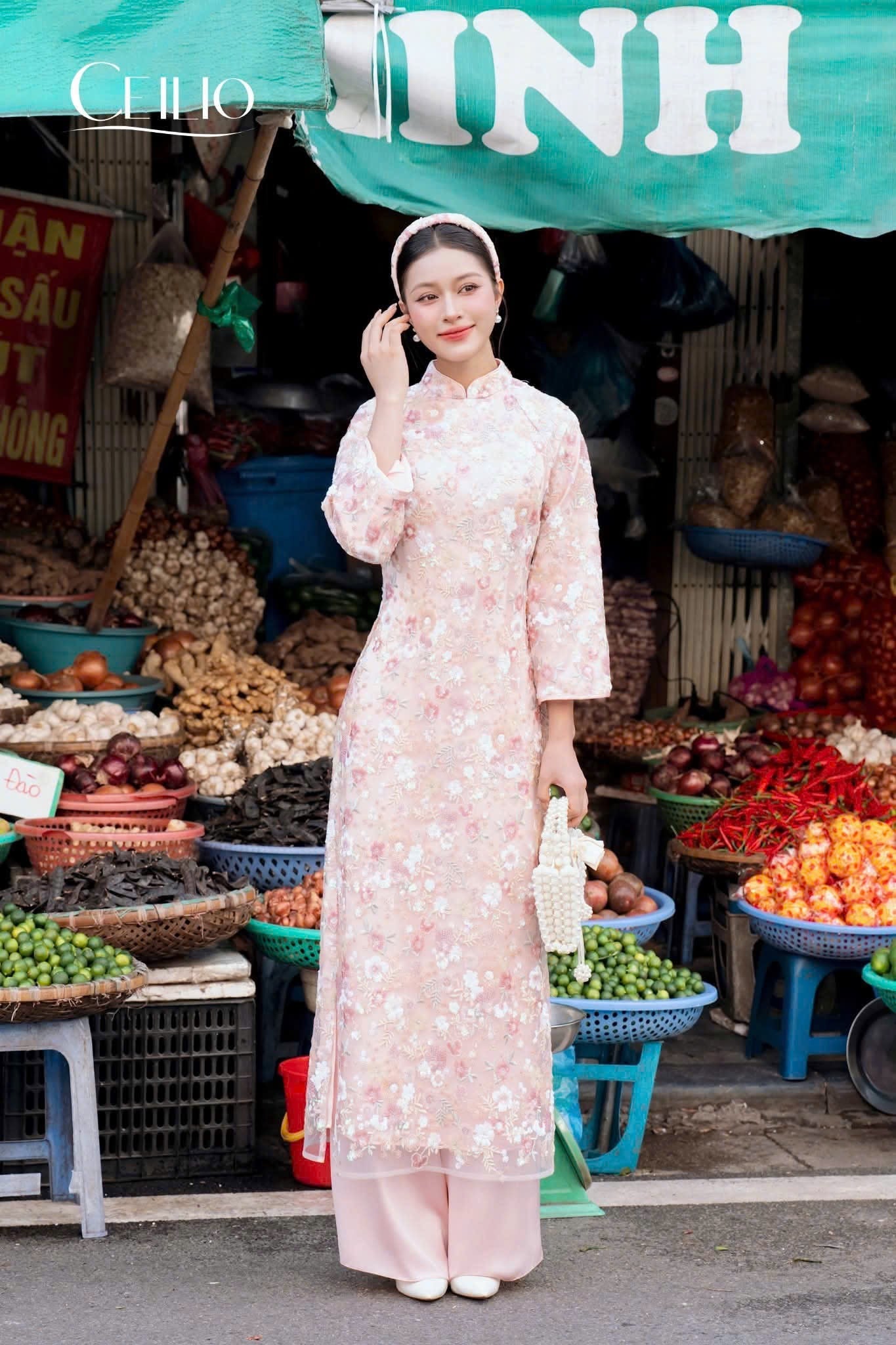 H508 2160 Áo Only - Áo dài kimsa hồng hoa nhỏ