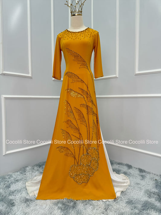 S183 Only áo - Áo dài chiffon thiết kế đính pha lê Hoà vi màu Vàng