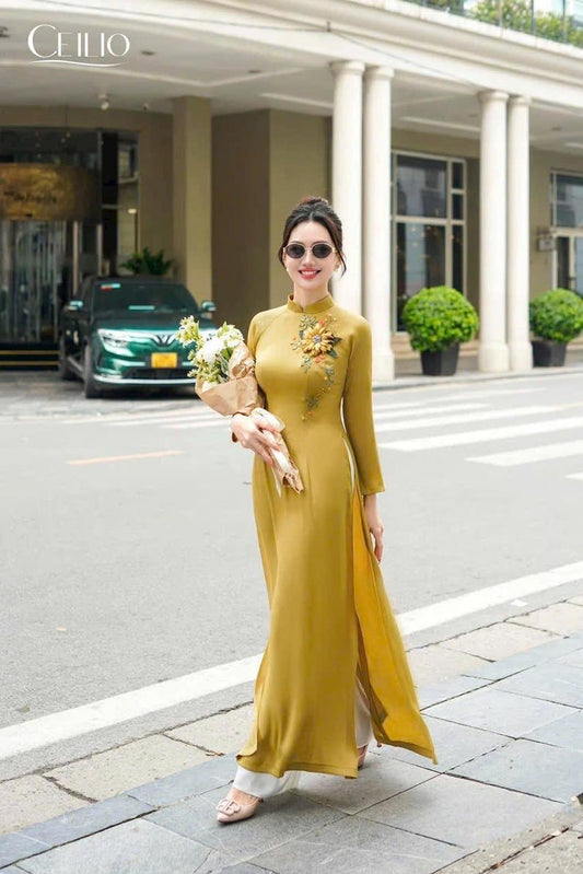 K26 5084 Áo only no pants - Áo dài dáng truyền thống chiết li eo thêu ruy băng