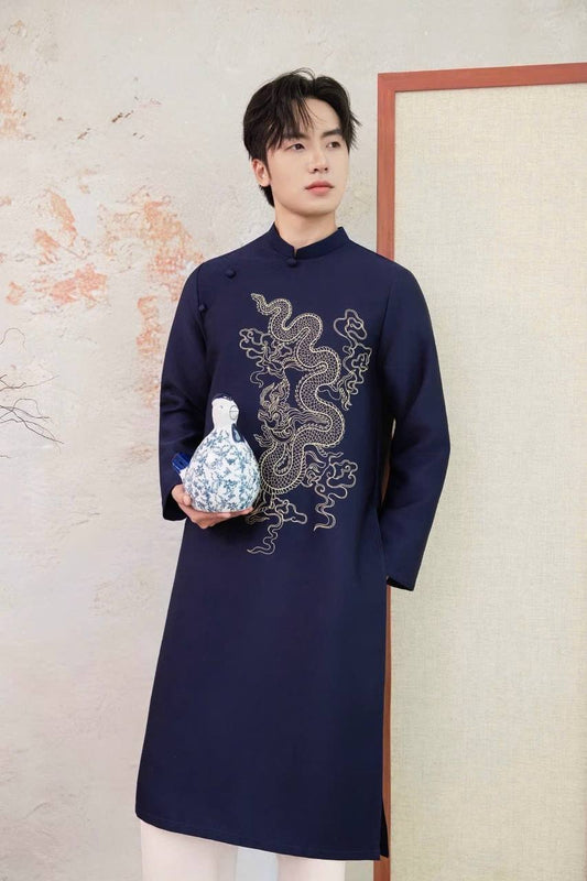 B209 5904 - Áo dài nam tafta thêu màu xanh than