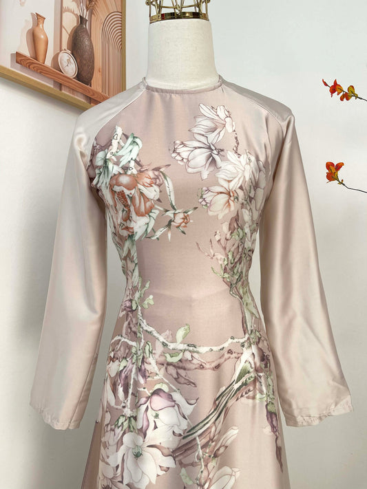 H491 1970 Áo only - Áo dài lụa latinh màu kem hồng