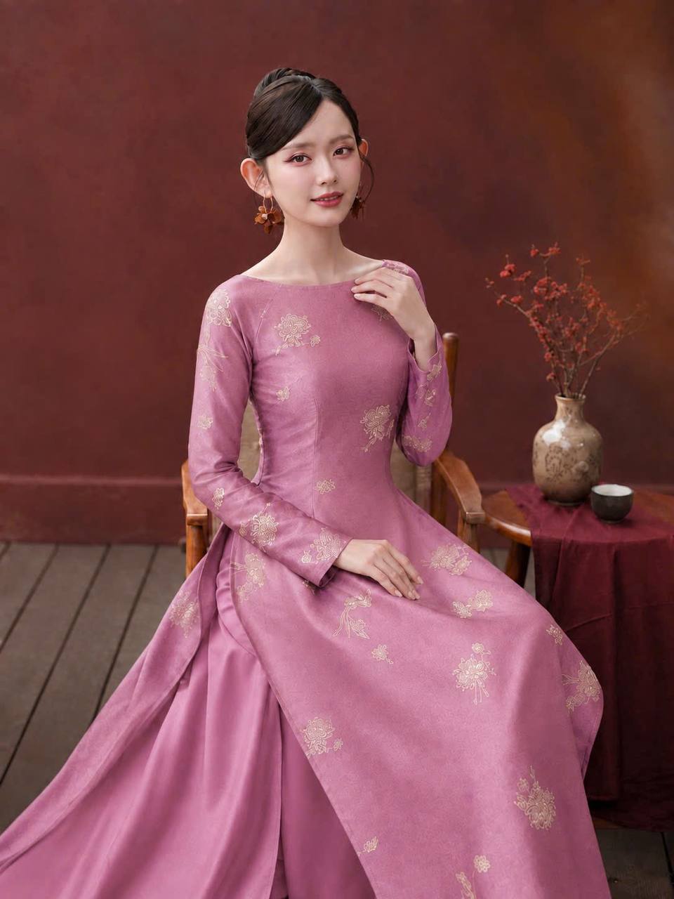K190 Áo only no pants - Áo dài dáng truyền thống chiết li eo lụa tằm sen dạ cúc cổ thuyền màu hồng