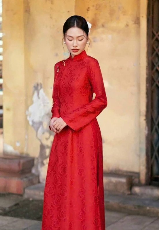 K277 Áo only no pants - Áo dài chiết eo lụa gấm thọ dơi màu đỏ