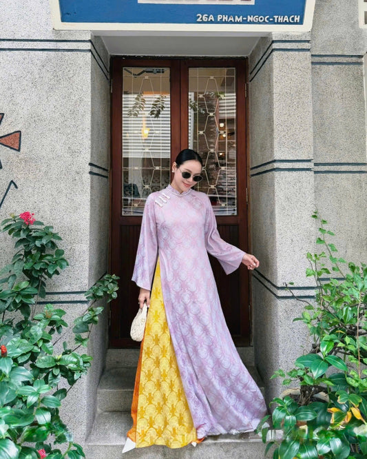 M259 2081 Áo + quần - Áo dài dáng suông 4 tà gấm thọ dơi kèm quần cùng chất