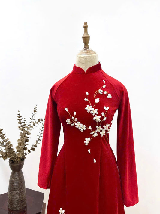 S250 2142 only áo - Áo dài nhung đỏ đính hoa ruy băng