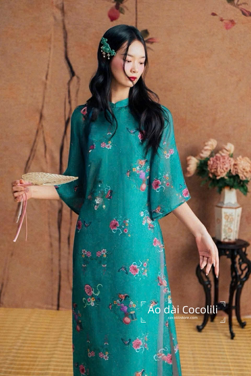 M350 Áo xanh lý + quần hồng - Áo dài tơ dáng suông 4 tà