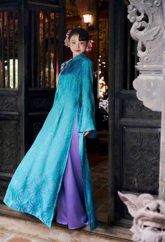 TA11 5657 Áo only no pants - Áo dài dáng suông 2 tà lụa gấm thọ dơi