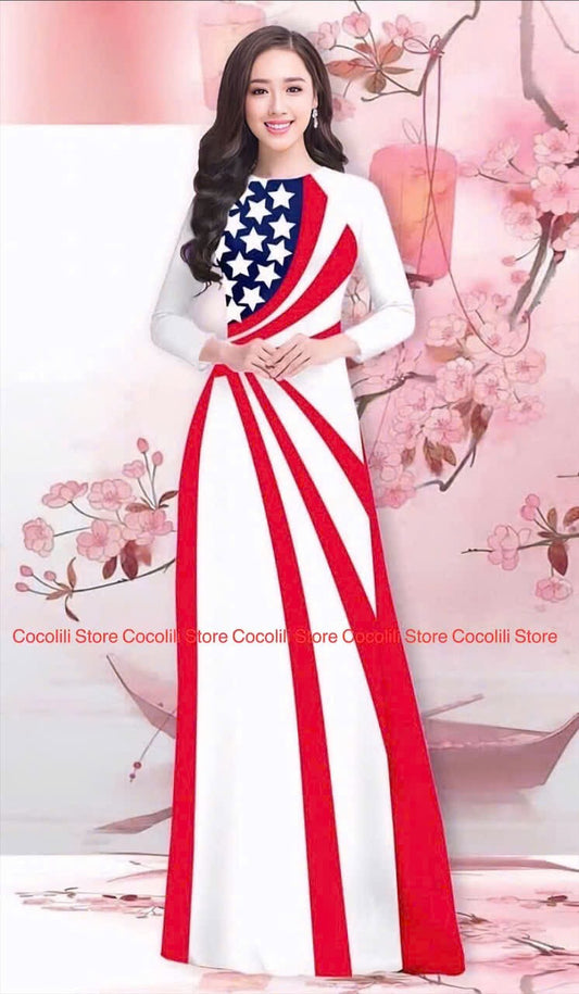 T1816 Áo only - Áo dài lụa mỹ in cờ Mỹ