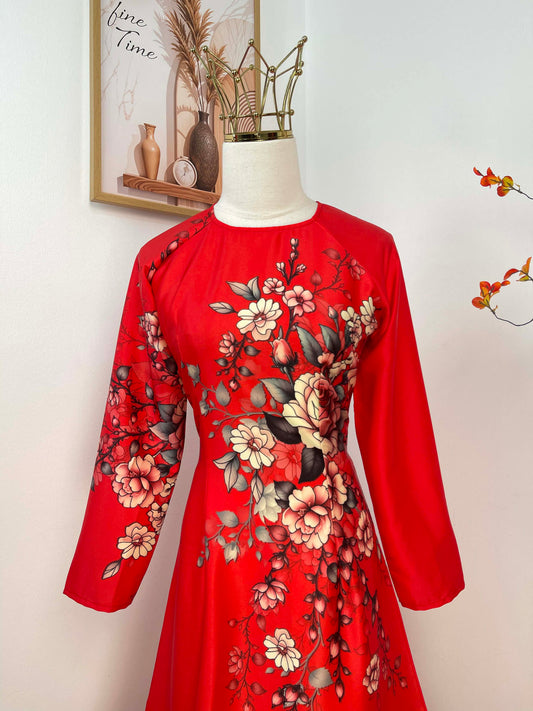 H483 1963 Áo only - Áo dài lụa ánh sao đỏ tươi in hoa