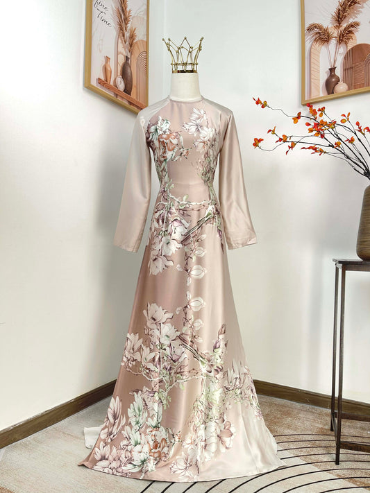 H491 1970 Áo only - Áo dài lụa latinh màu kem hồng