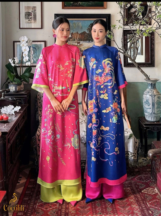 M176 Áo xanh coban - Áo dài cách tân dáng suông xéo xọ