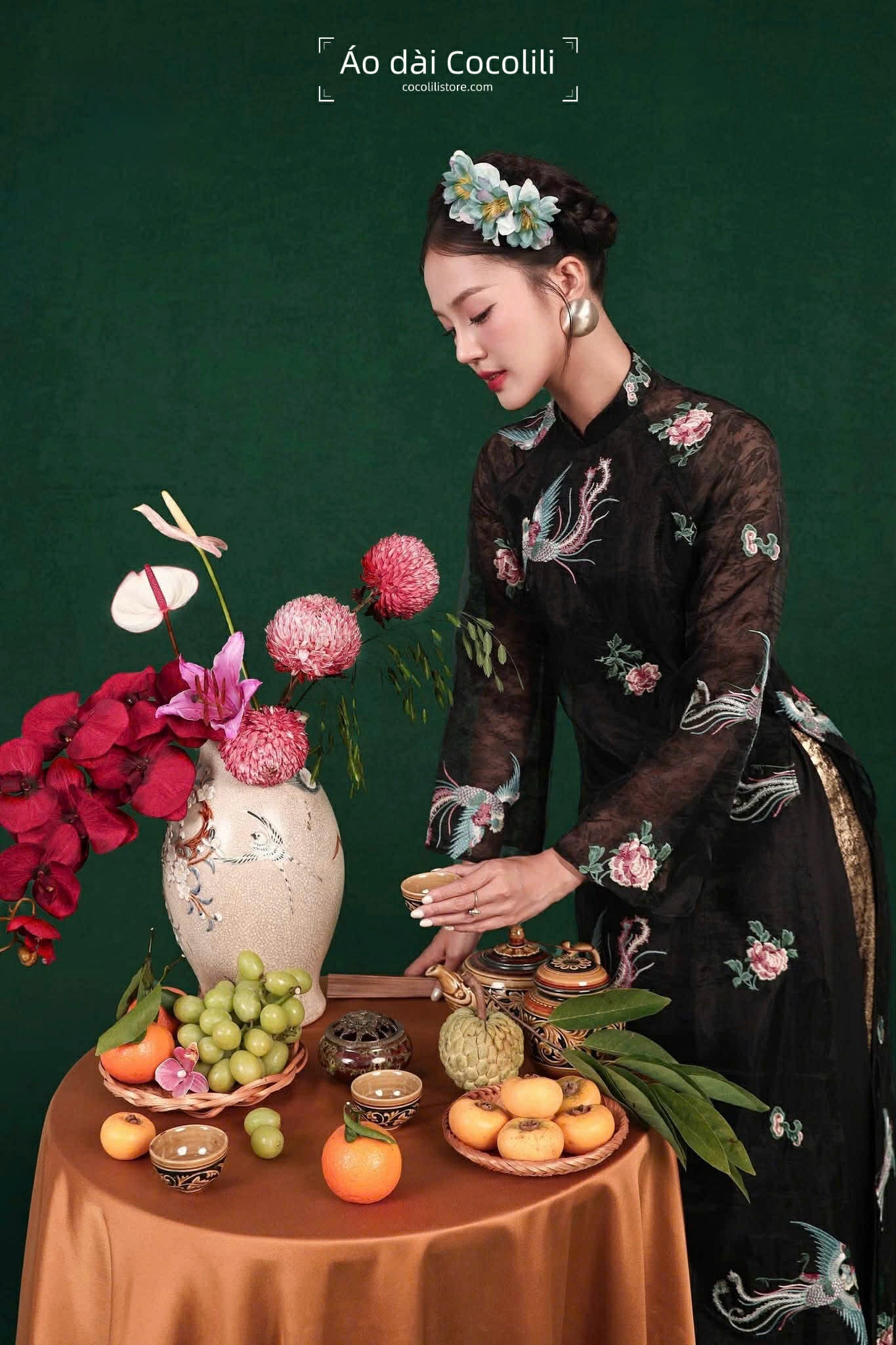 M351 Áo + quần nhũ vàng - Áo dài tơ thêu dáng suông 4 tà