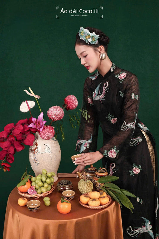 M351 Áo + quần nhũ vàng - Áo dài tơ thêu dáng suông 4 tà