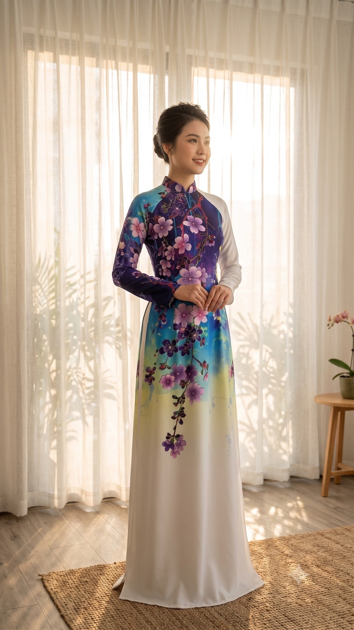 H777 4193 Áo only no pants - Áo dài lụa ánh sao hoa tím