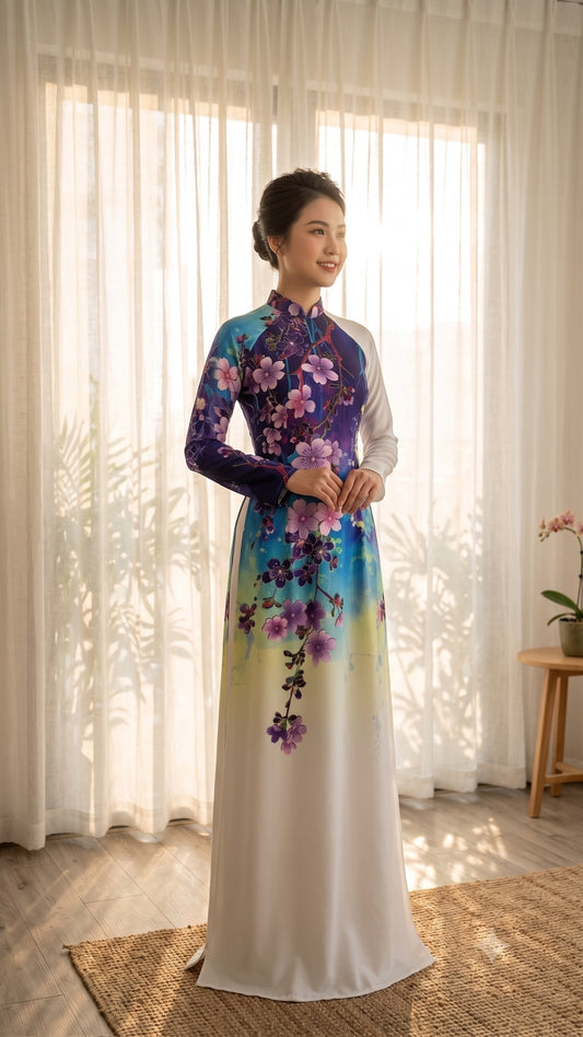 H777 4193 Áo only no pants - Áo dài lụa ánh sao hoa tím