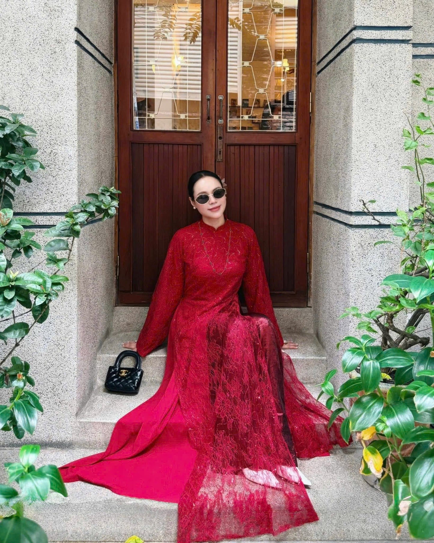 M257 Áo + quần nhũ đỏ - Áo dài ren 4 tà kèm quần nhũ màu đỏ