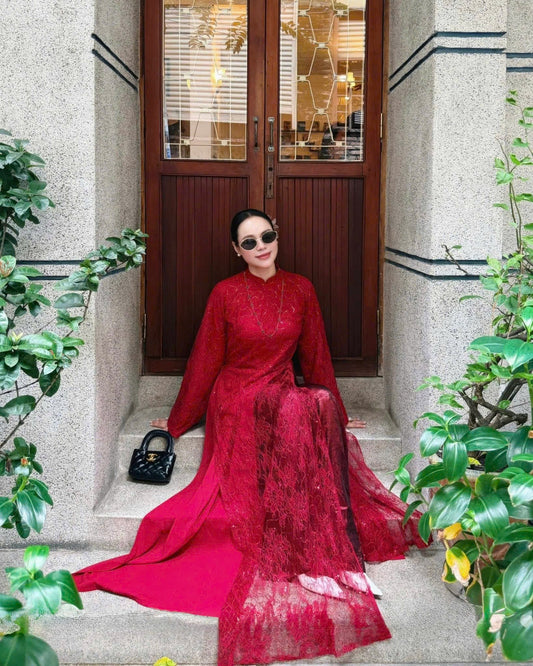 M257 Áo + quần nhũ đỏ - Áo dài ren 4 tà kèm quần nhũ màu đỏ