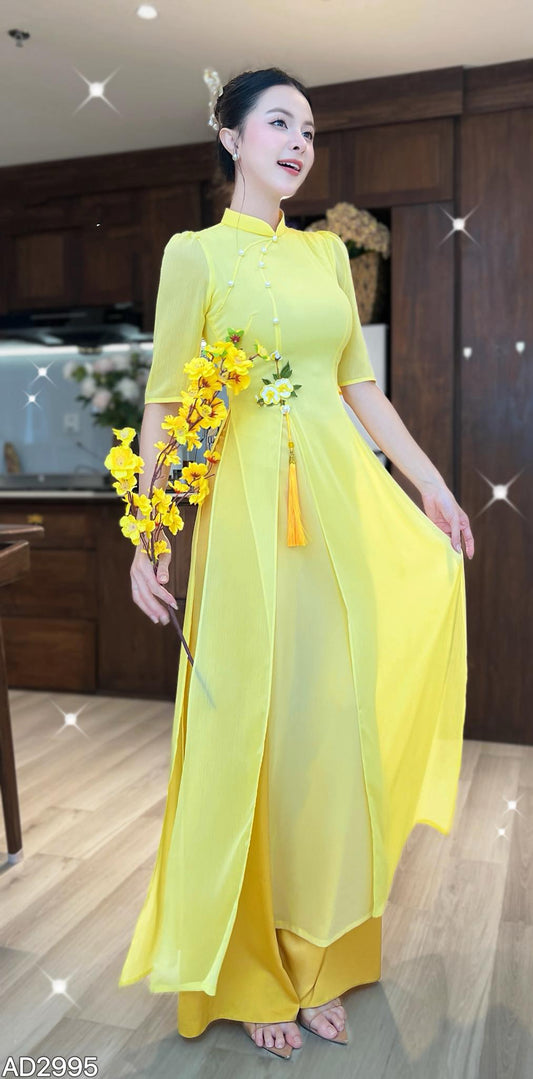 AD2995 2384 Áo VÀNG + quần - Áo Dài 4 tà CÀNH LỘC XUÂN
