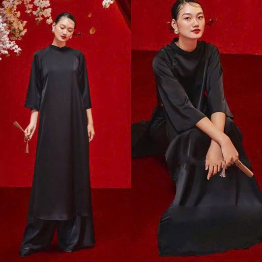 M512 Áo + quần tô châu - Áo dài dáng suông 2 tà lụa tô châu màu đen
