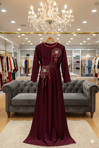 S224 1606 Áo only - Áo dài lụa hà lan thiết kế đính kết màu bã trầu