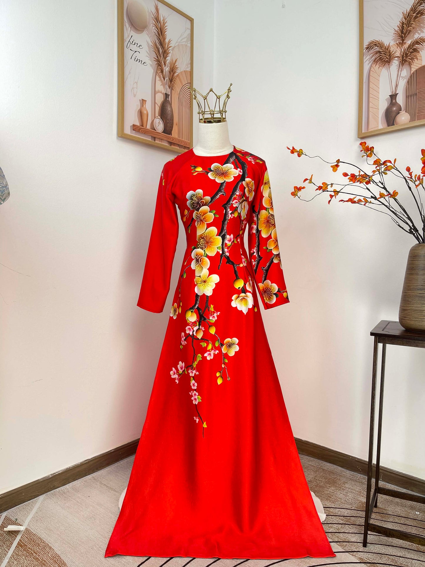 H484 1964 Áo only - Áo dài Tết lụa ánh sao màu đỏ tươi hoa mai