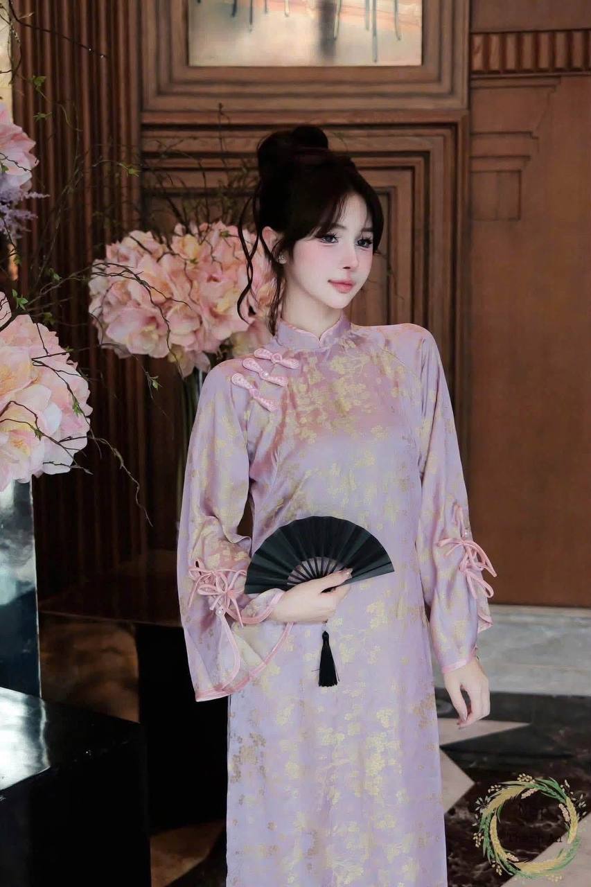 K157 Áo only no pants - Áo dài dáng suông lụa tuyết mai màu hồng tím