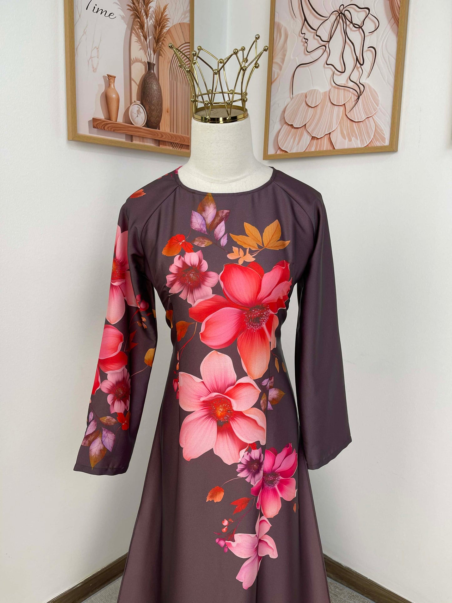 H401 1753 Áo only - Áo dài lụa kim sa phú quý màu nâu hoạ tiết hoa