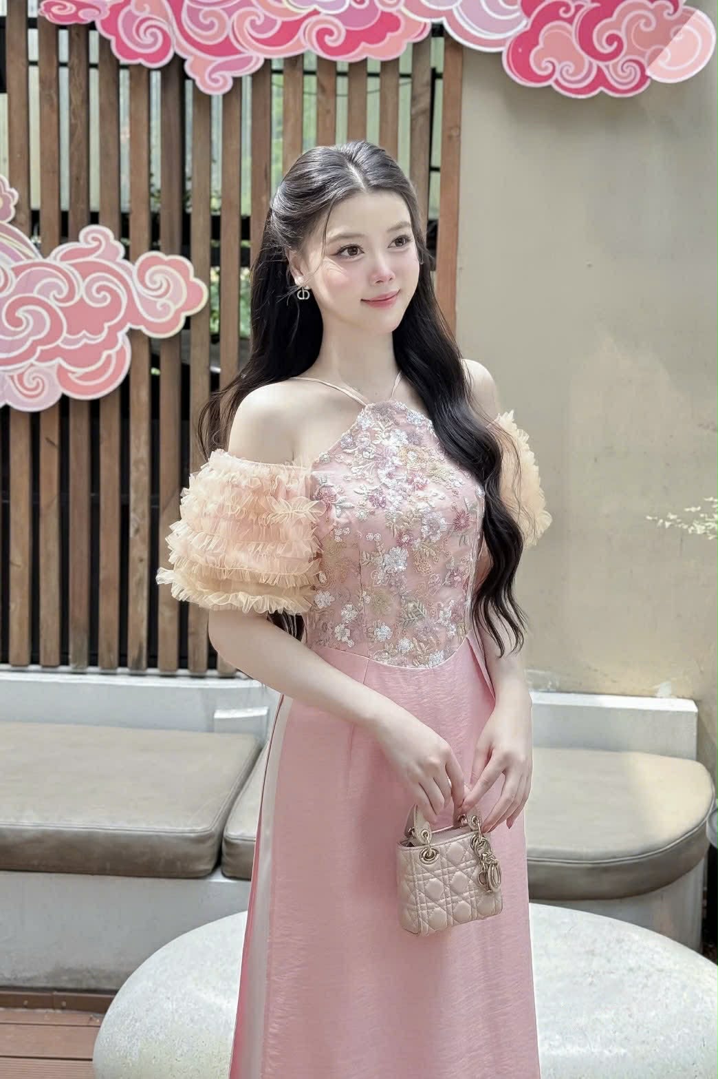 M306 Áo + quần - Áo dài cách tân yếm tay nhún màu hồng