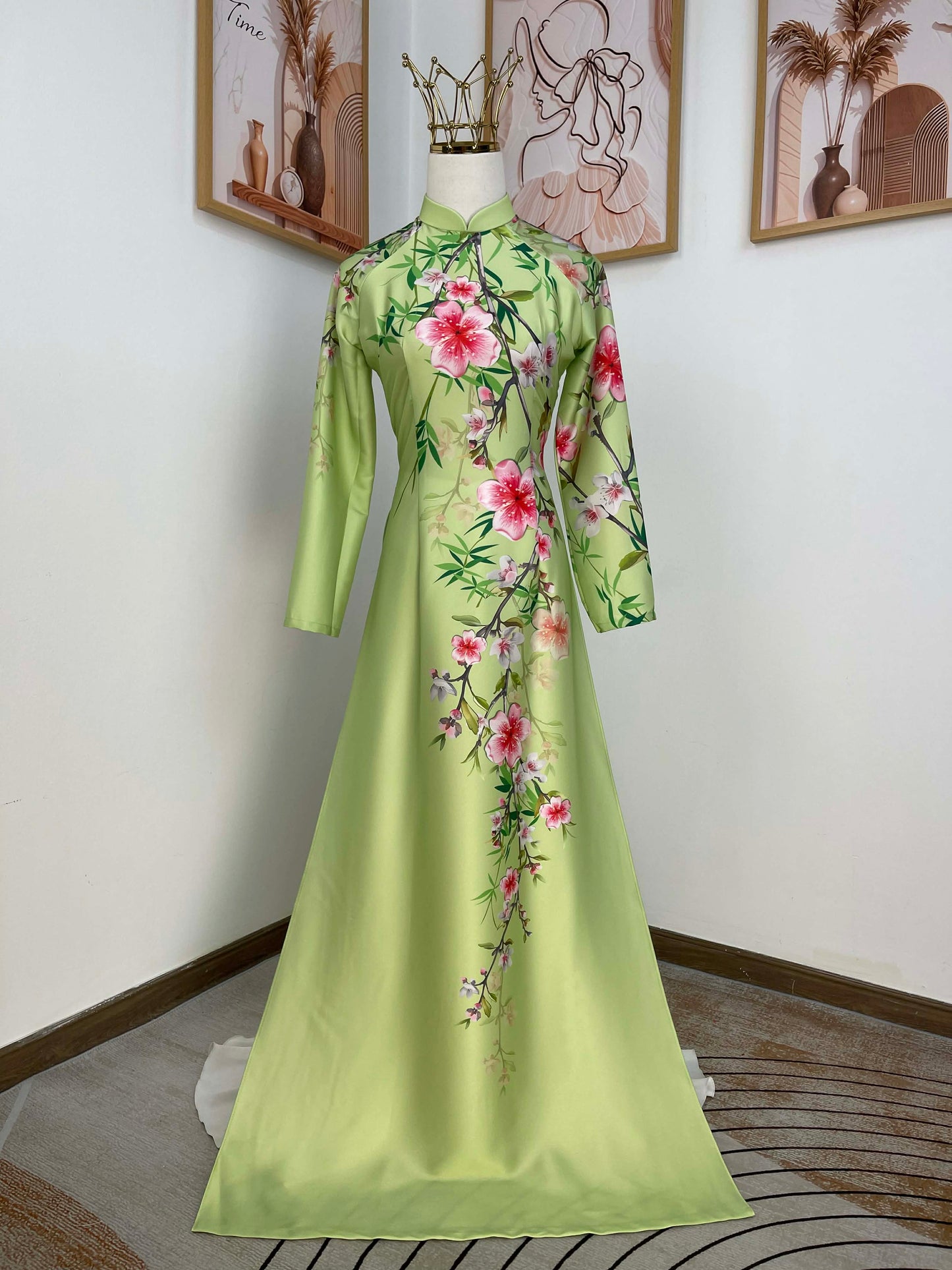 H409 1768 Áo only - Áo dài lụa kim sa phú quý màu xanh