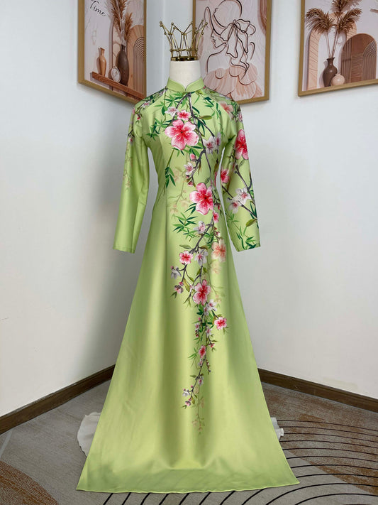 H409 1768 Áo only - Áo dài lụa kim sa phú quý màu xanh