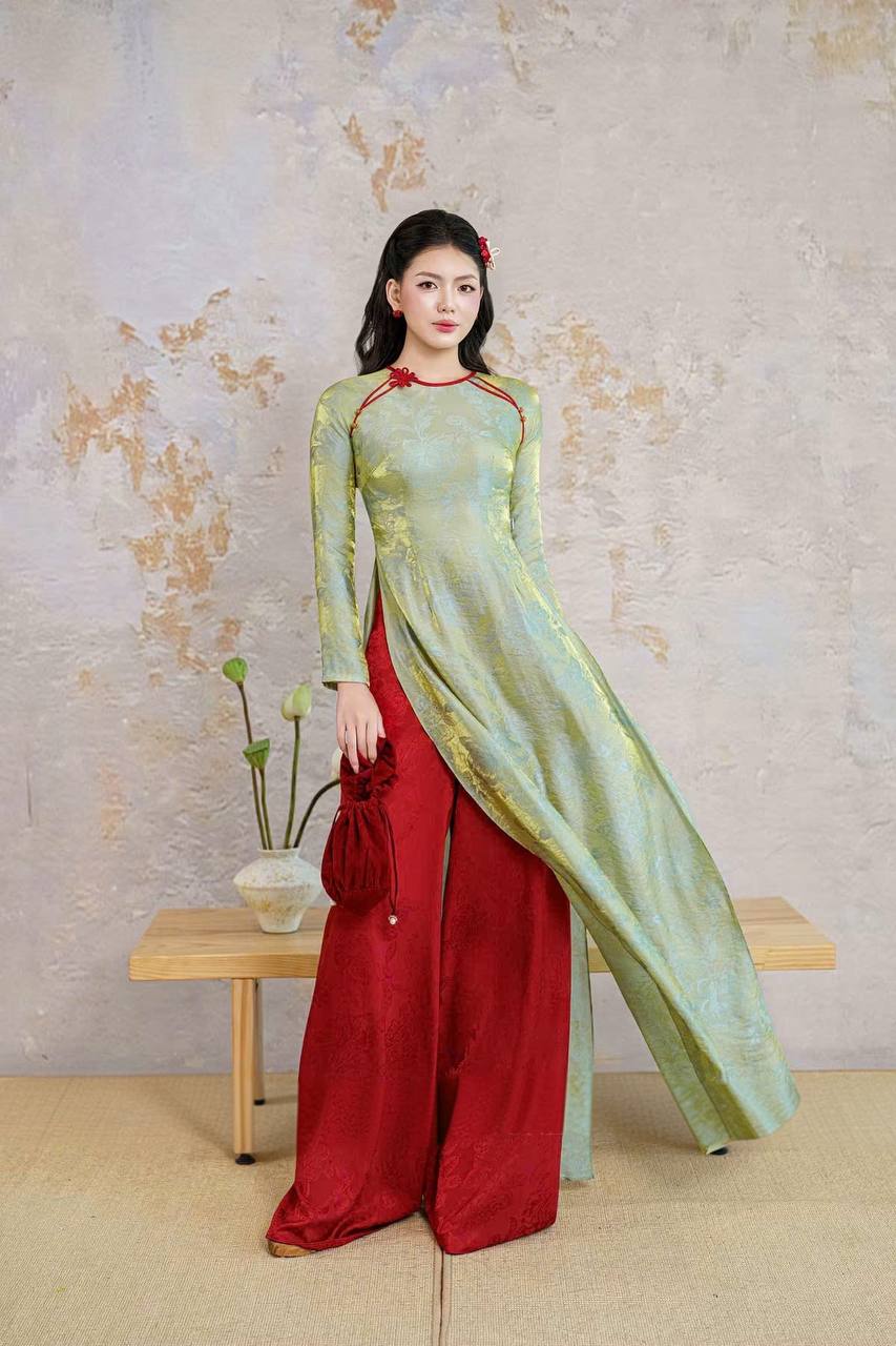 K256 Áo only no pants - Áo dài dáng truyền thống chiết eo 2 tà lụa tằm ánh kim tencel