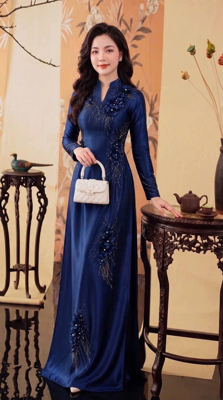S378 Áo only no pants - Áo dài dáng truyền thống chiết li eo lụa ruby đính kết hoa nổi màu xanh than