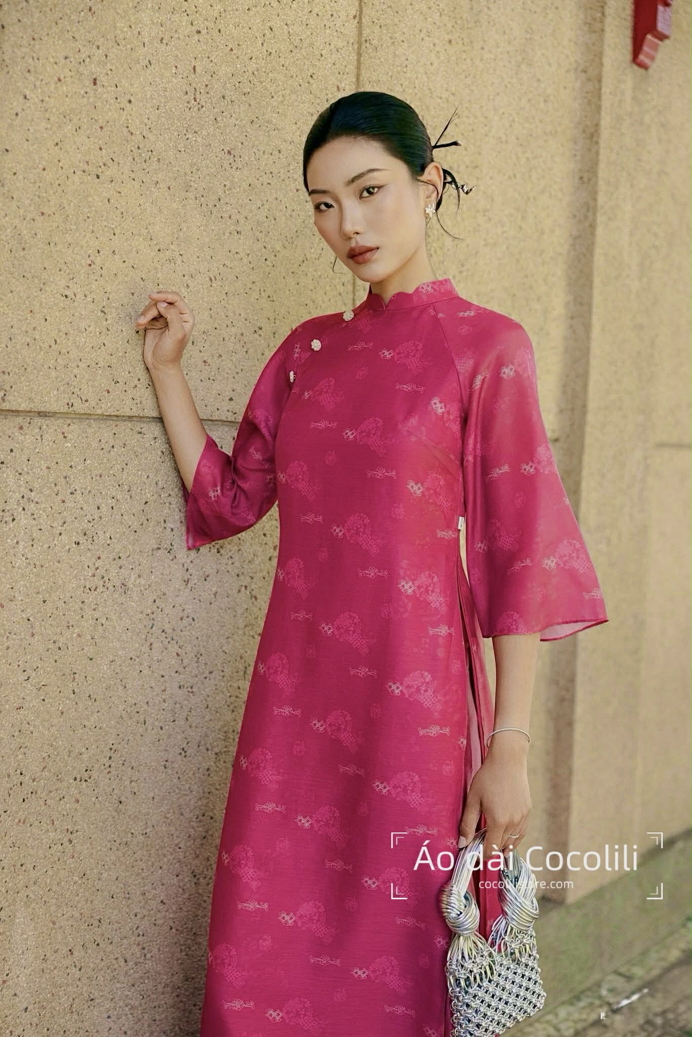 M348 Áo hồng sen + quần hồng - Áo dài tơ dáng suông 4 tà