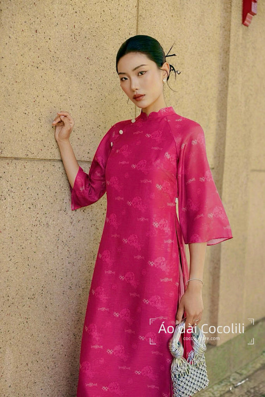 M348 Áo hồng sen + quần hồng - Áo dài tơ dáng suông 4 tà