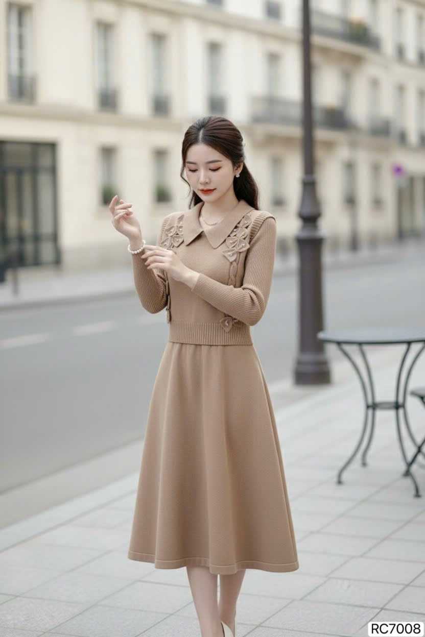 DRESS Rc7008 Set áo ghile len màu nâu