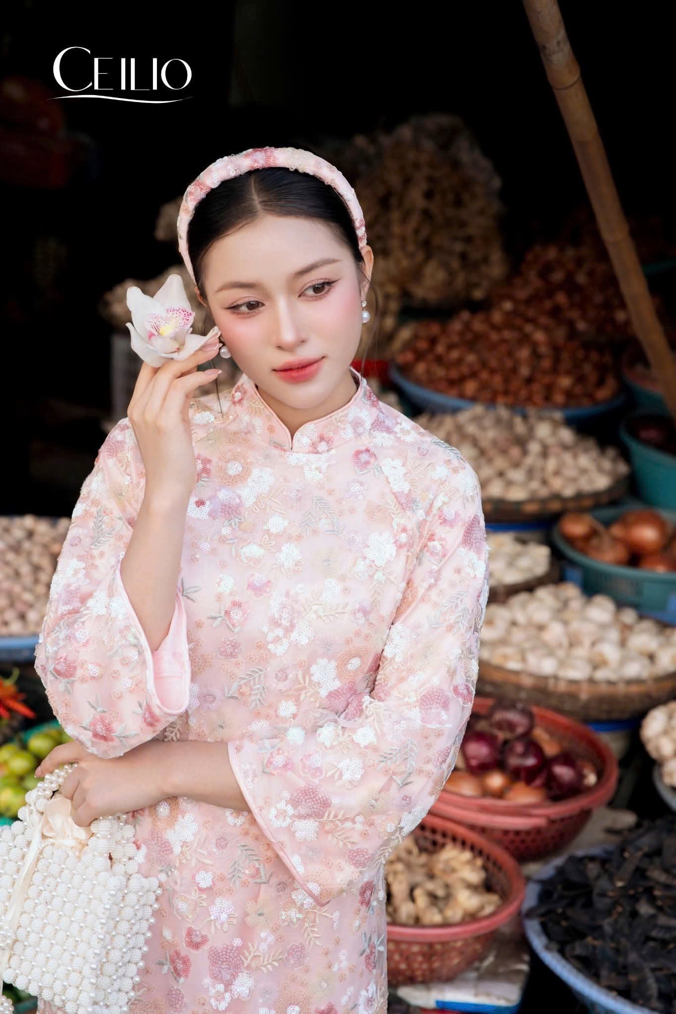 H508 2160 Áo Only - Áo dài kimsa hồng hoa nhỏ