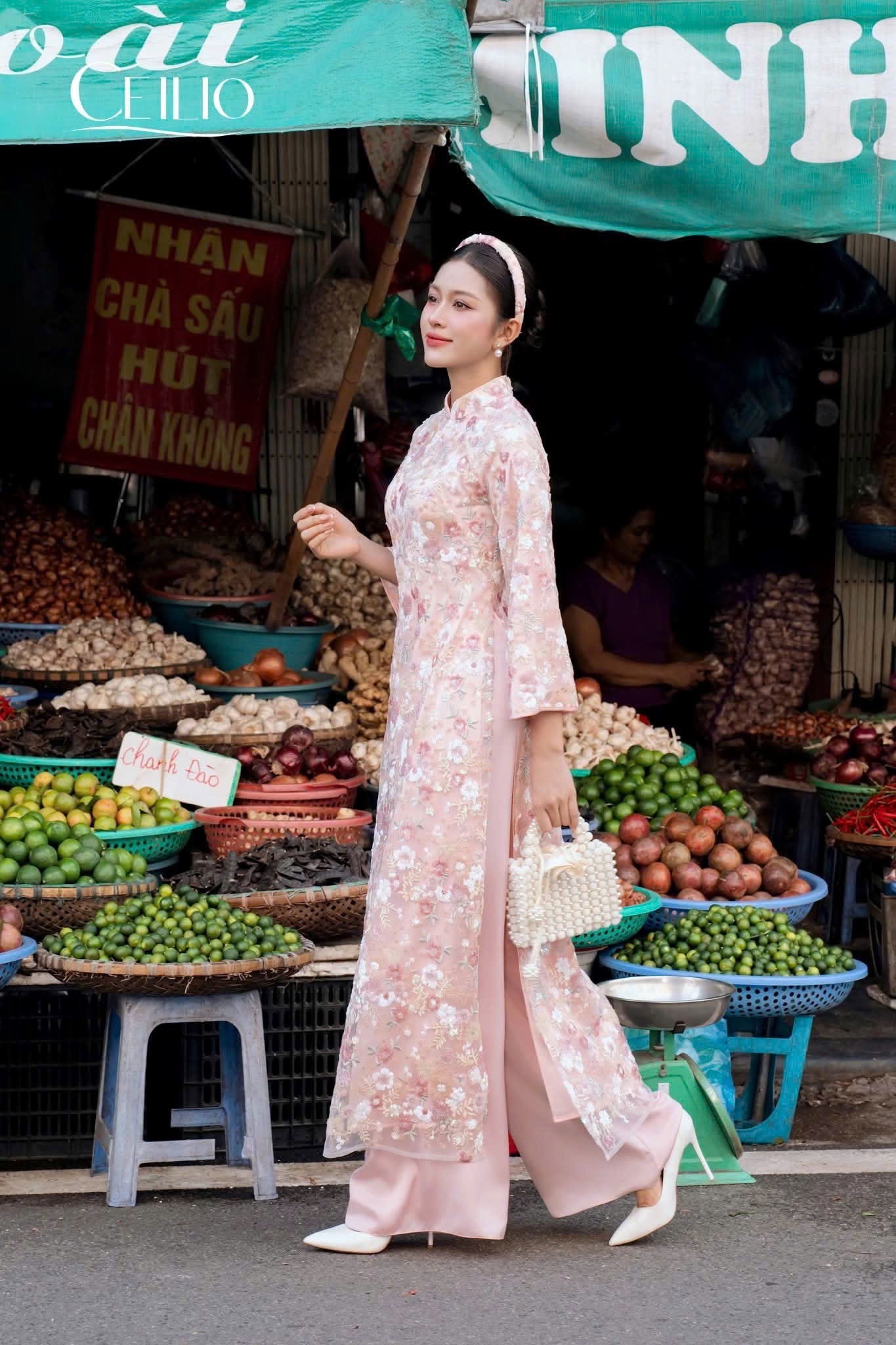 H508 2160 Áo Only - Áo dài kimsa hồng hoa nhỏ