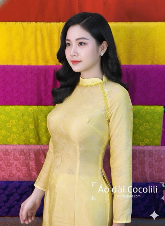 M374 Áo + quần tằm - Áo dài dáng truyền thống chiết li 2 tà màu vàng đính kết