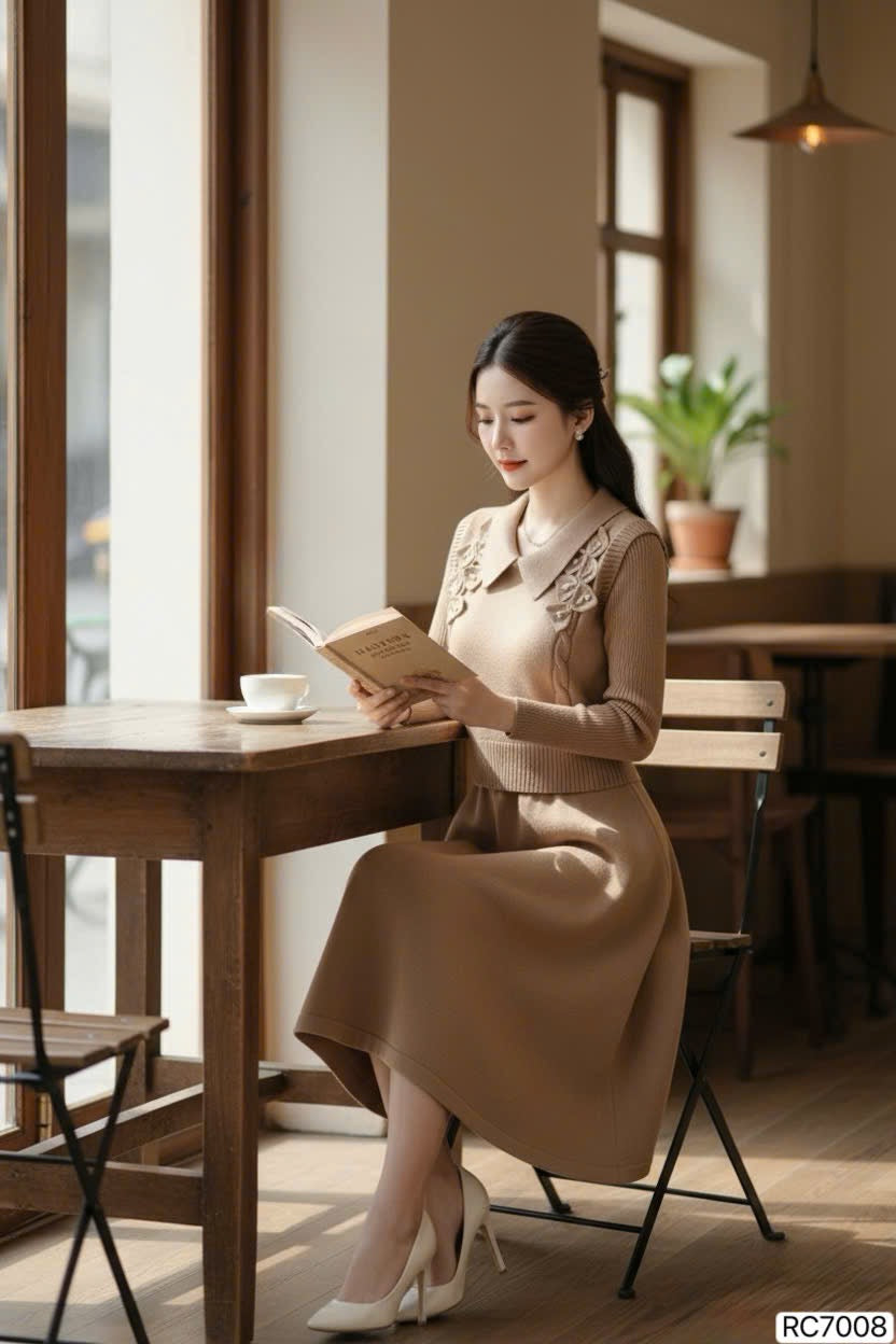 DRESS Rc7008 Set áo ghile len màu nâu