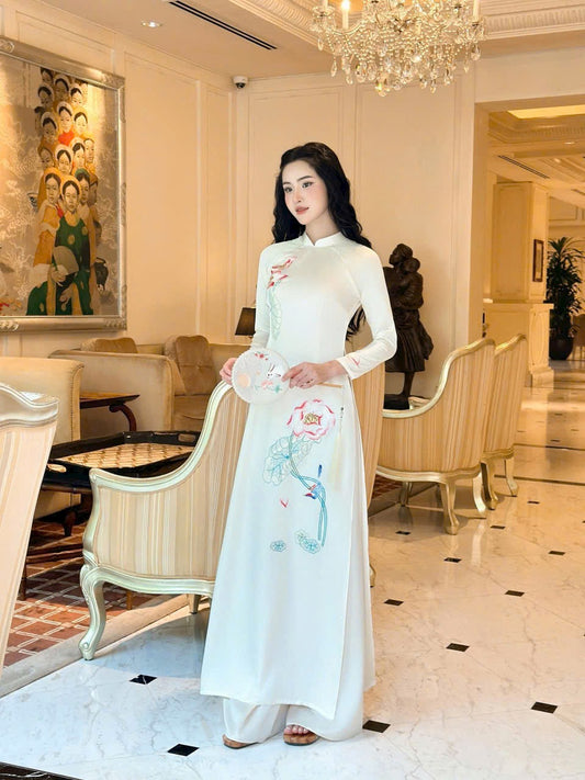 M224 2319 Áo + quần kem - Áo dài ngọc trai trắng thêu sen Liên Châu