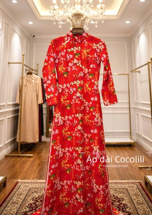 H596 Áo only no pants - Áo dài lụa ánh sao dáng truyền thống hoa mai đào Tết màu đỏ