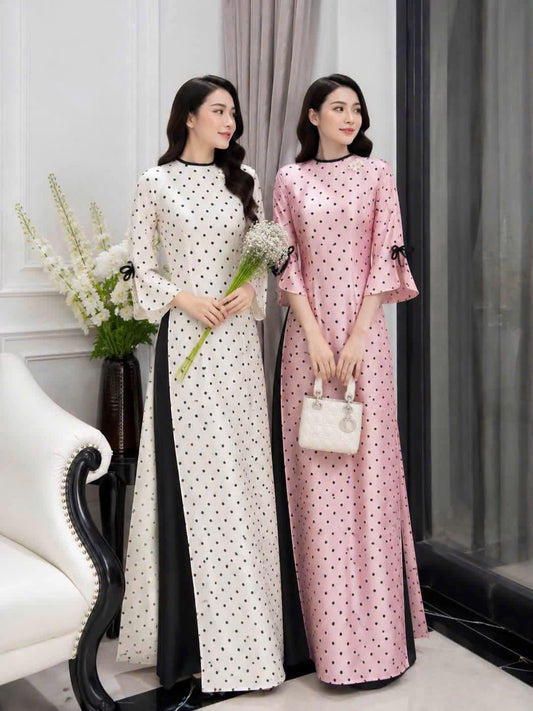 K296 6072 Áo only no pants - Áo dài chiết eo lụa titan chấm bi màu hồng