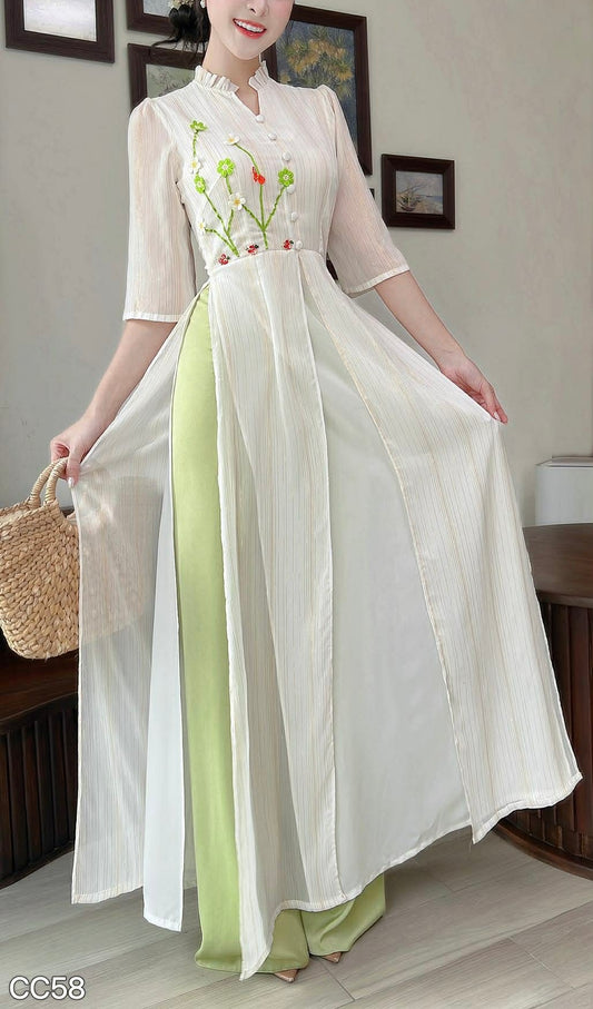 AD3053 3787 Áo Dài 4 tà đồng hoa màu trắng