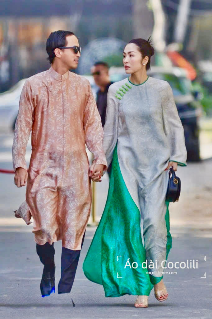 HD40 Áo dài trắng silver  + quần xanh lá - Áo dài lụa tơ tằm nha xá theo kỹ thuật may liền 4 tà