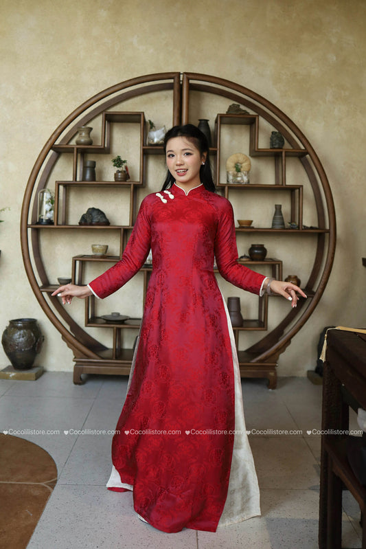 HD24 2163 Áo + quần - Áo dài lụa nha xá Hà Đông dáng truyền thống màu đỏ kèm quần tím