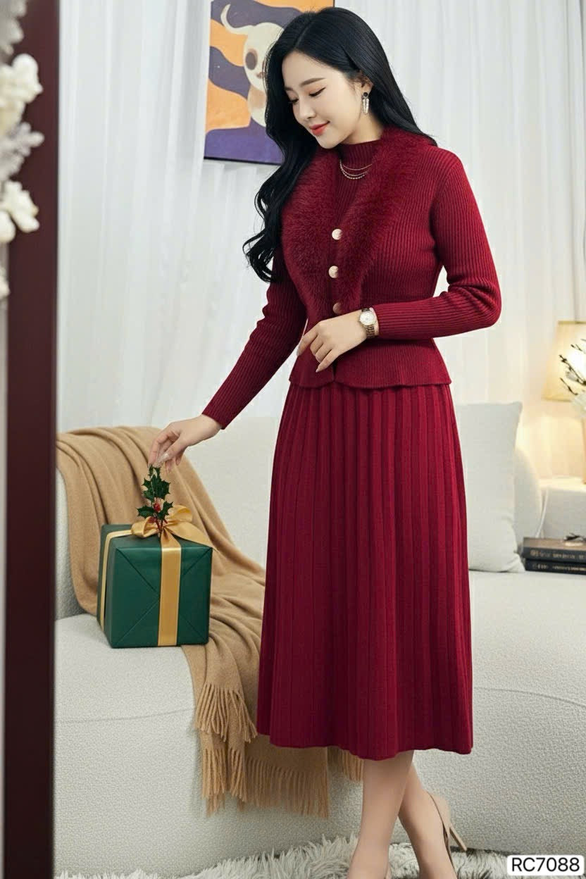 DRESS Rc7088 Set len cổ lông màu đỏ