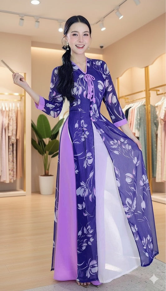 AD2843 Áo only - Áo dài 4 tà tơ vàng lá ngọc