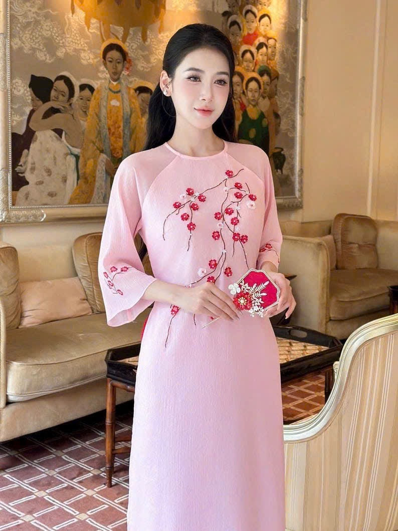 K108 5299 Áo only no pants - Áo dài cách tân tơ 4 tà thêu màu hồng