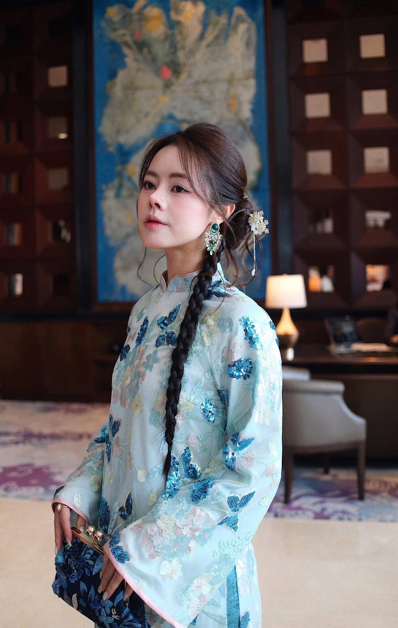 M2553 2216 Áo + quần nhũ tím - Áo dài kimsa màu xanh dương